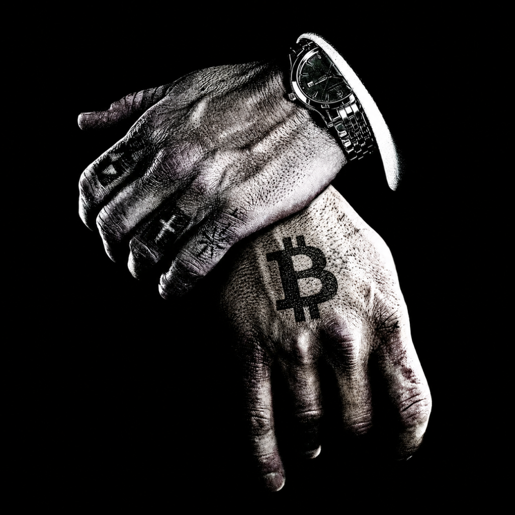 Recreated Eastern promises playbill with bitcoin logo tattoed on hand