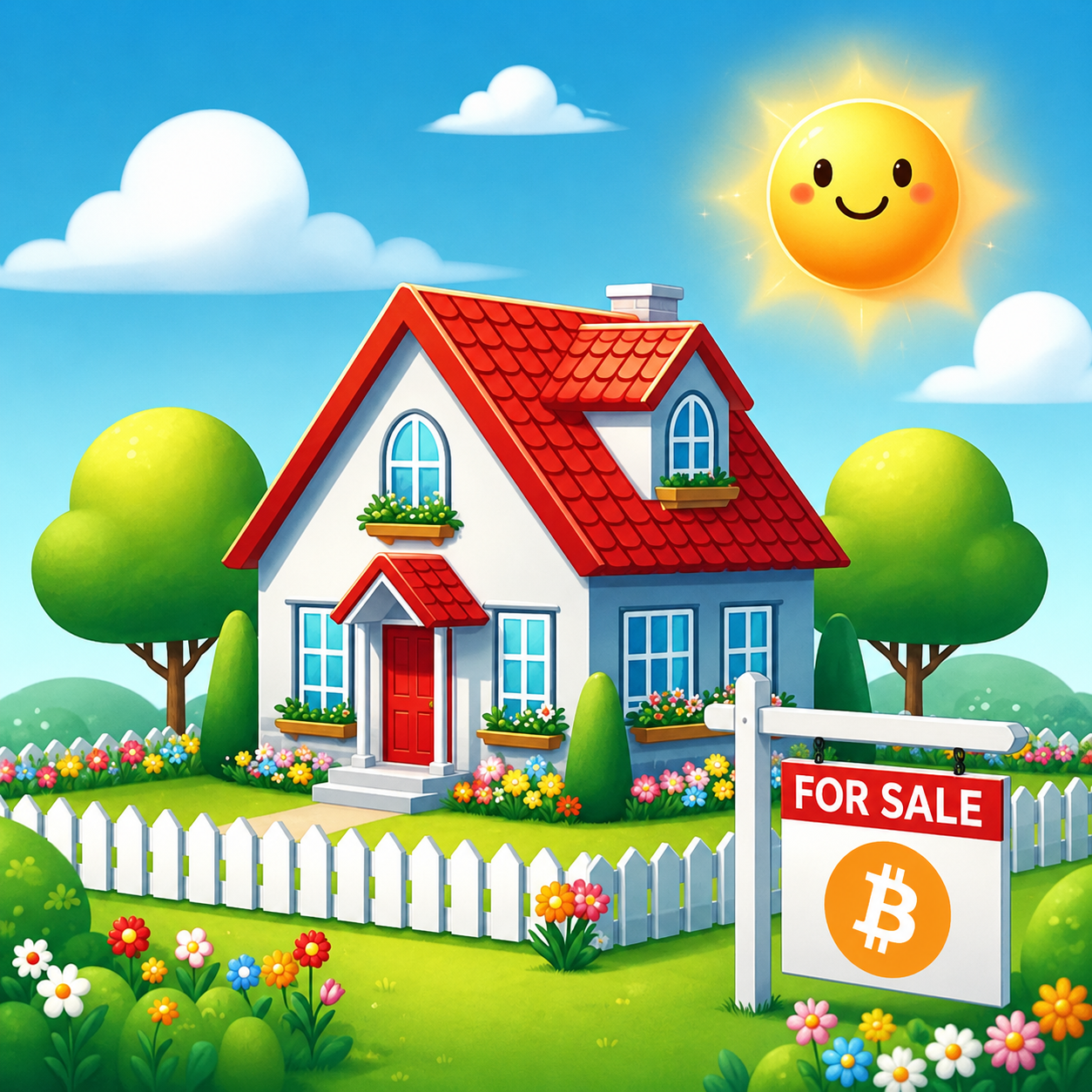 Little country house with flowerbed and a "for sale" sign with the bitcoin logo