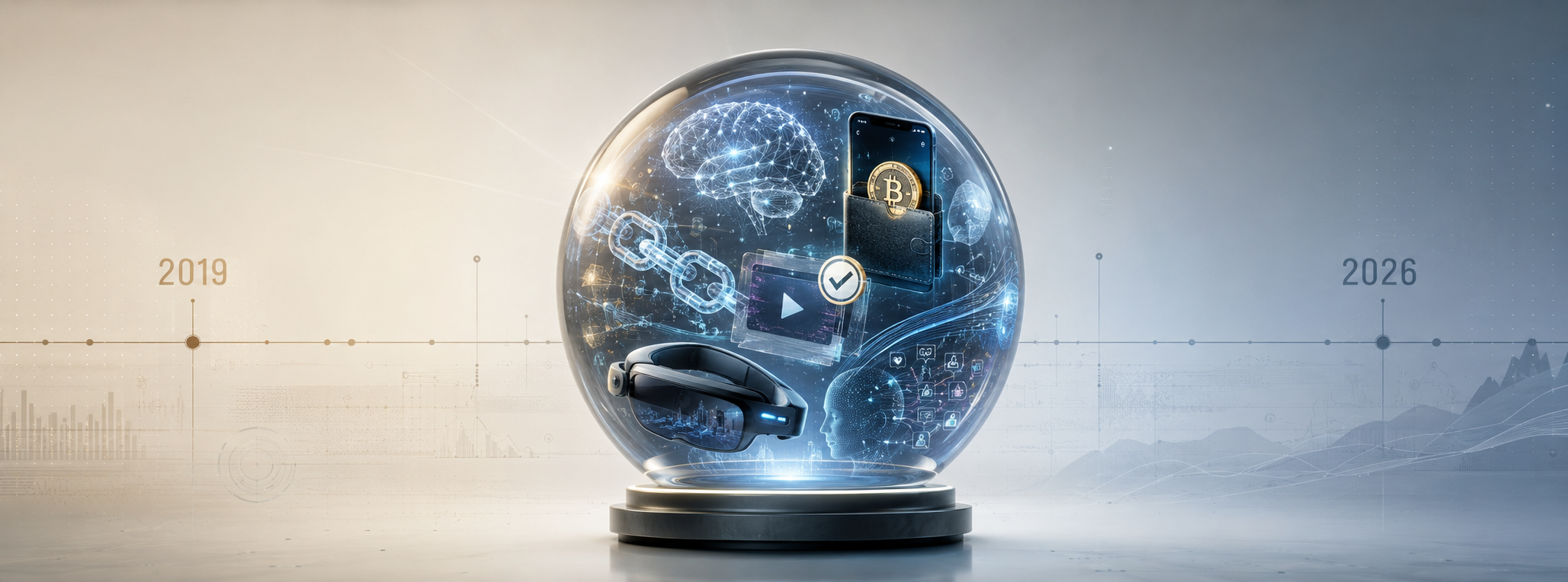 Wide futuristic illustration of a glass sphere labeled between 2019 and 2026, containing symbols of AI, blockchain, crypto, media verification, wearable tech, and behavioral data.