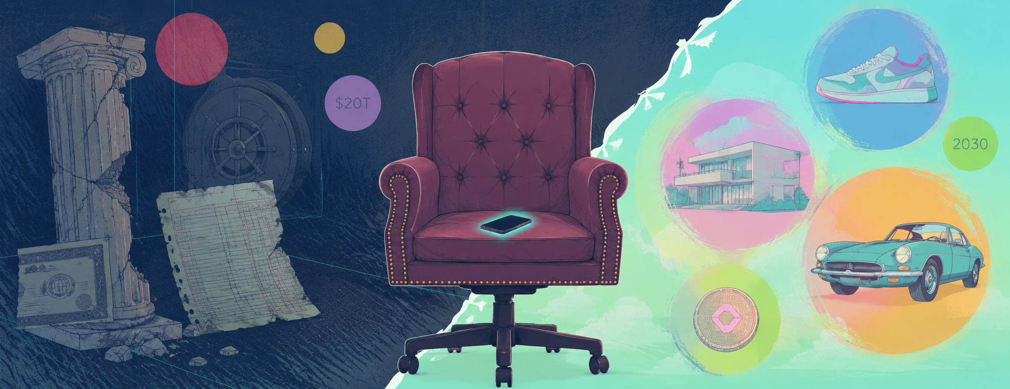 Editorial illustration of an empty burgundy banker’s chair with a glowing smartphone on the seat, set between crumbling symbols of old finance on the left and floating alternative assets—a house, sneaker, coin, and classic car—on the right, with “2030” and “$20T” references.