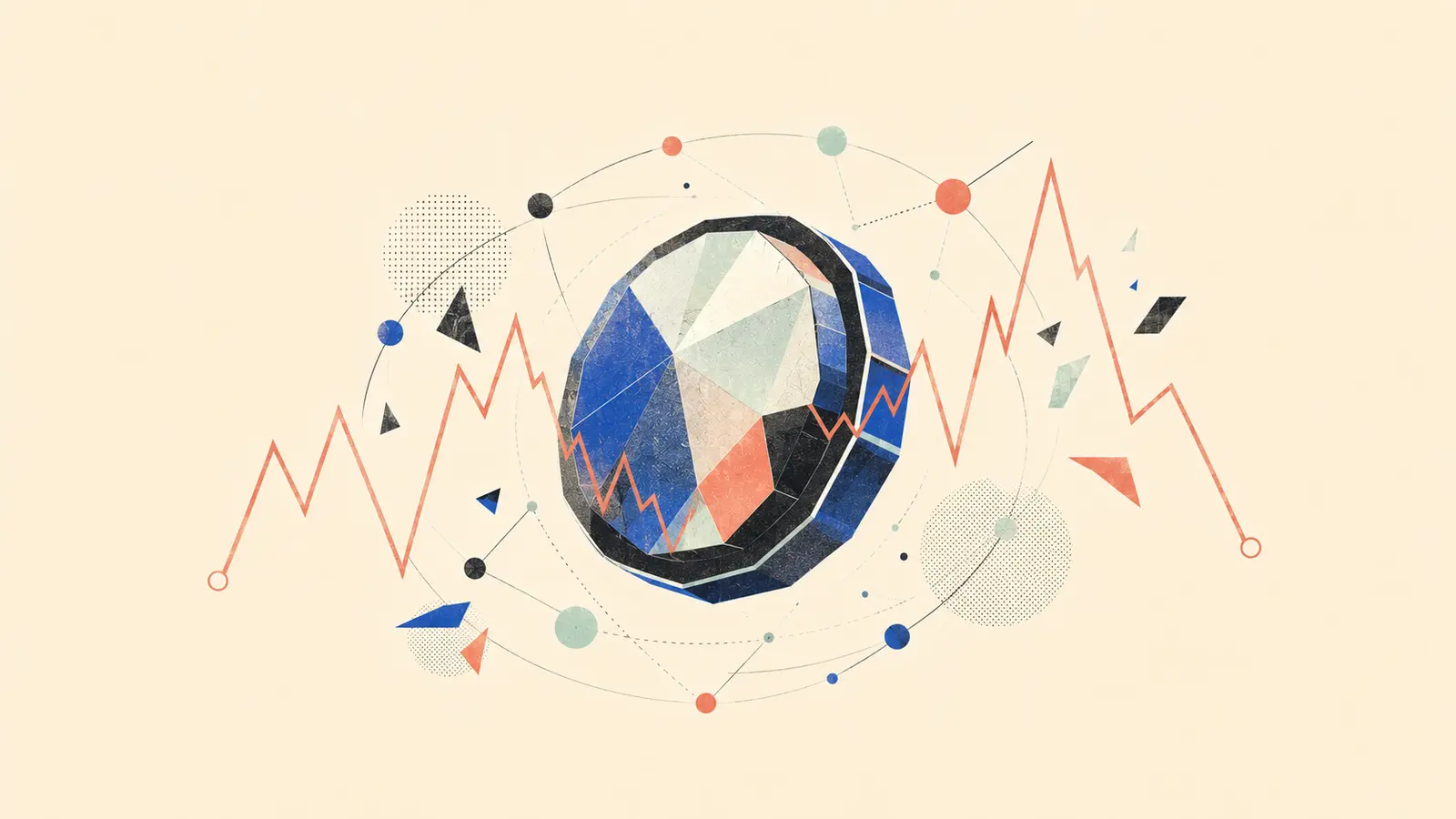 Minimalist editorial illustration of a faceted digital asset surrounded by a volatile market line and network nodes
