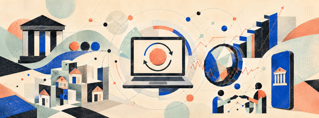 Minimalist editorial illustration combining online stock trading, digital banking, cryptocurrency, tokenized assets and peer-to-peer lending
