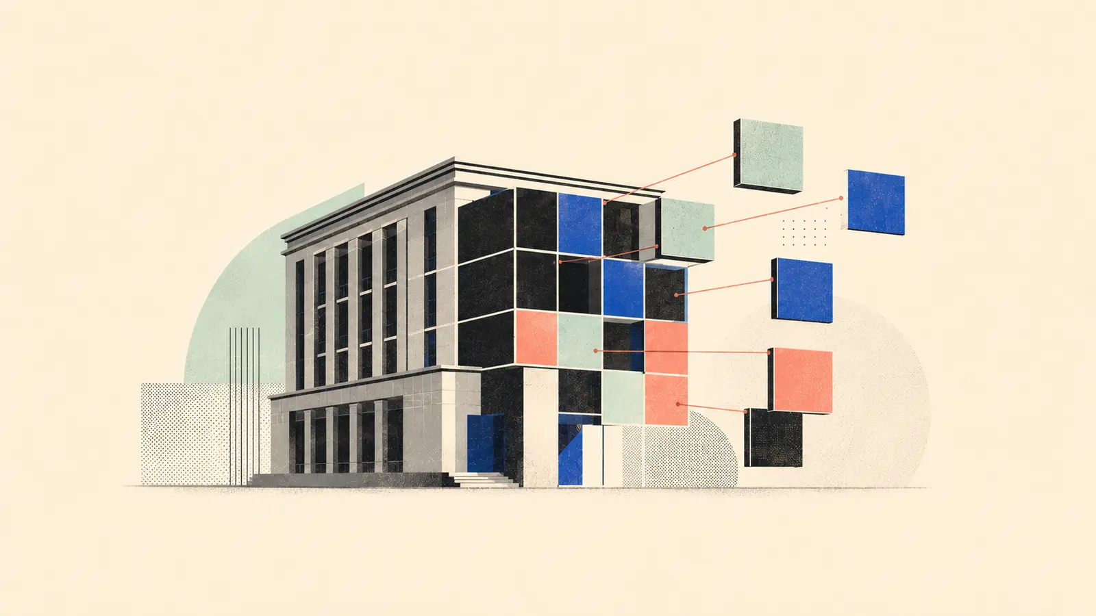 Minimalist editorial illustration of a building divided into connected digital ownership units
