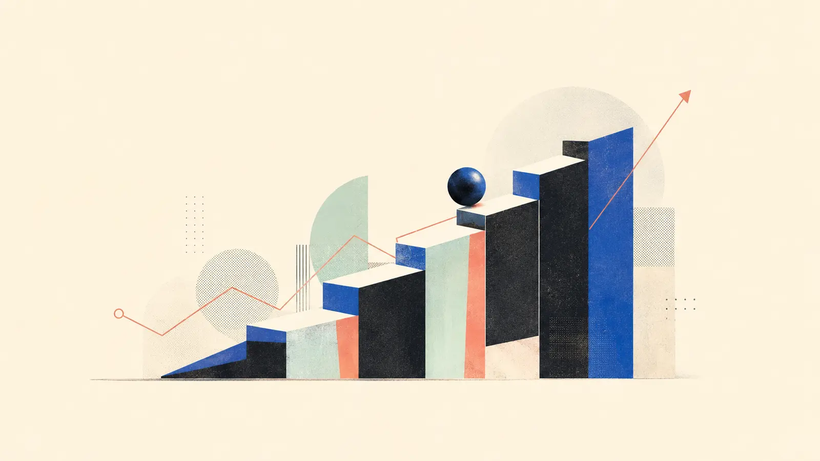 Minimalist editorial illustration of rising market bars, a price line and a sphere moving upward