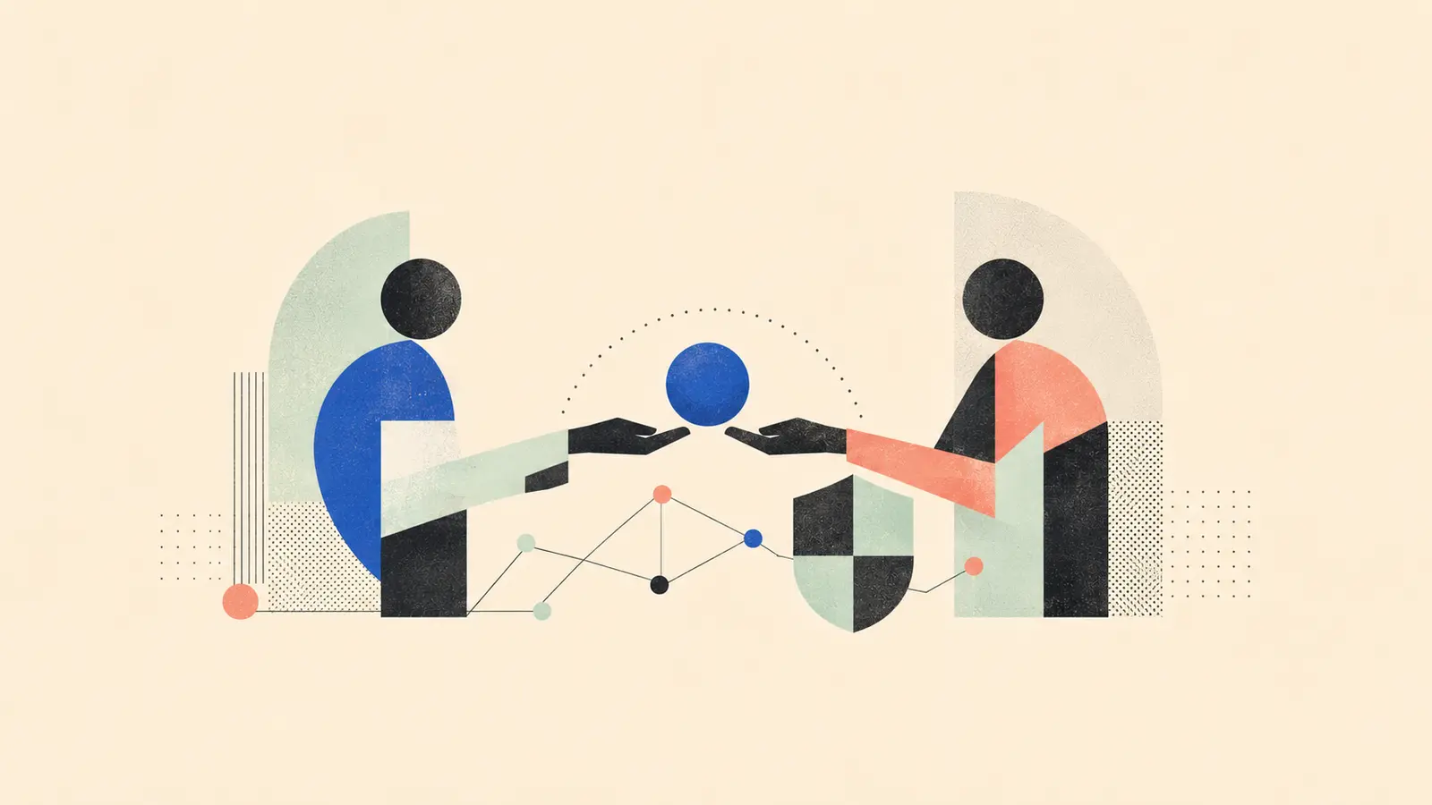 Minimalist editorial illustration of two people exchanging a digital value token through a connected lending network