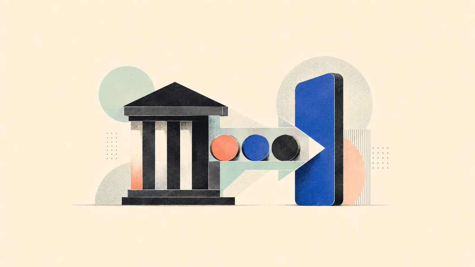 Minimalist editorial illustration of a building divided into connected digital ownership units
